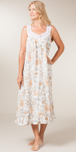 La Cera White Cotton Nightgowns - Cotton Sleeveless With Amber Floral