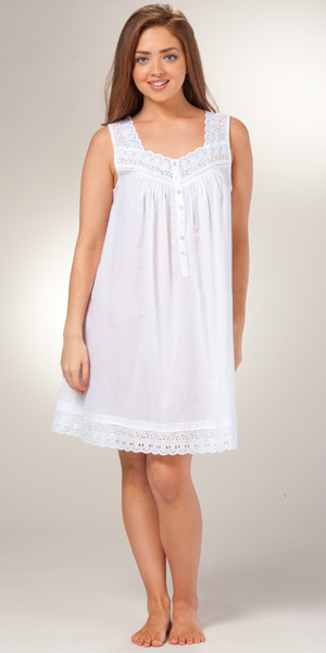 Short Eileen West Nightgown - Sleeveless White Eyelet Cotton Nightgown