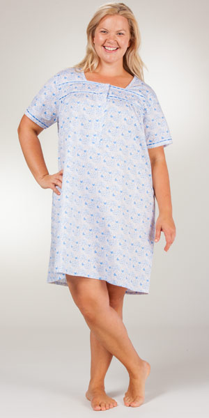 Plus KayAnna Nightgowns - Cap Sleeve Blue Butterfly Print Cotton Gown
