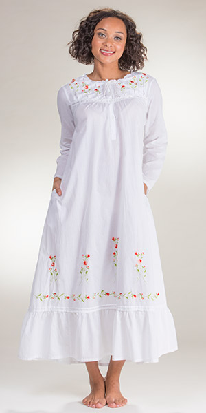 Plus La Cera (1X) Long Sleeved White Cotton Gown - Red Rose Embroidered